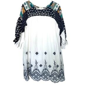 Umgee Patchwork Floral Embroidered Babydoll Dress 3/4 Sleeve Boho Size SMALL